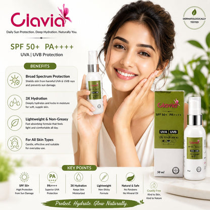 Ciavia 3X1 Hydration Sunscreen SPF 50+ PA++++ | Broad Spectrum UVA & UVB Protection | Lightweight & Non-Greasy | 50ml